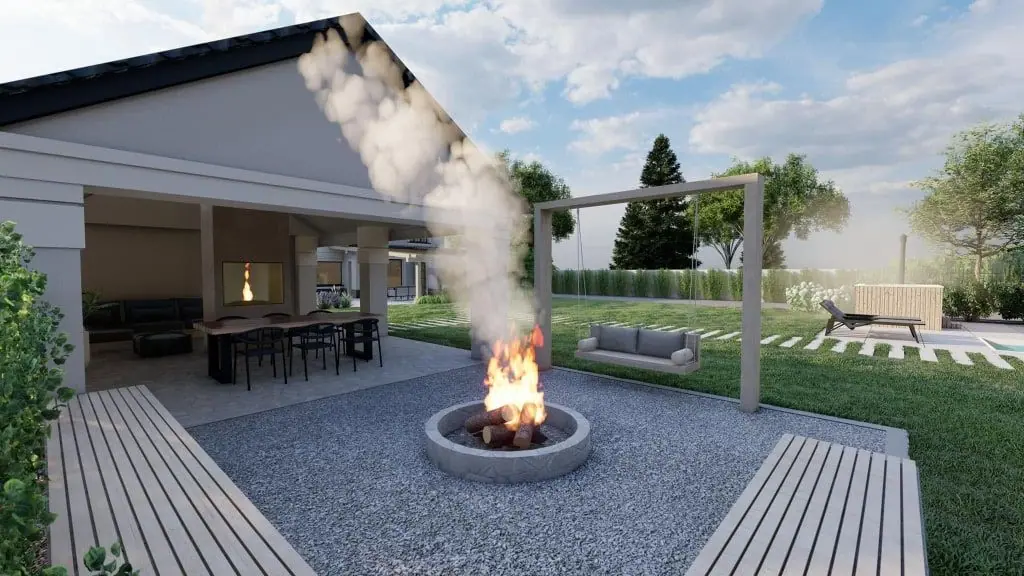 Strefa wypoczynkowa z paleniskiem i sofami przy domku ogrodowym — wizualizacja