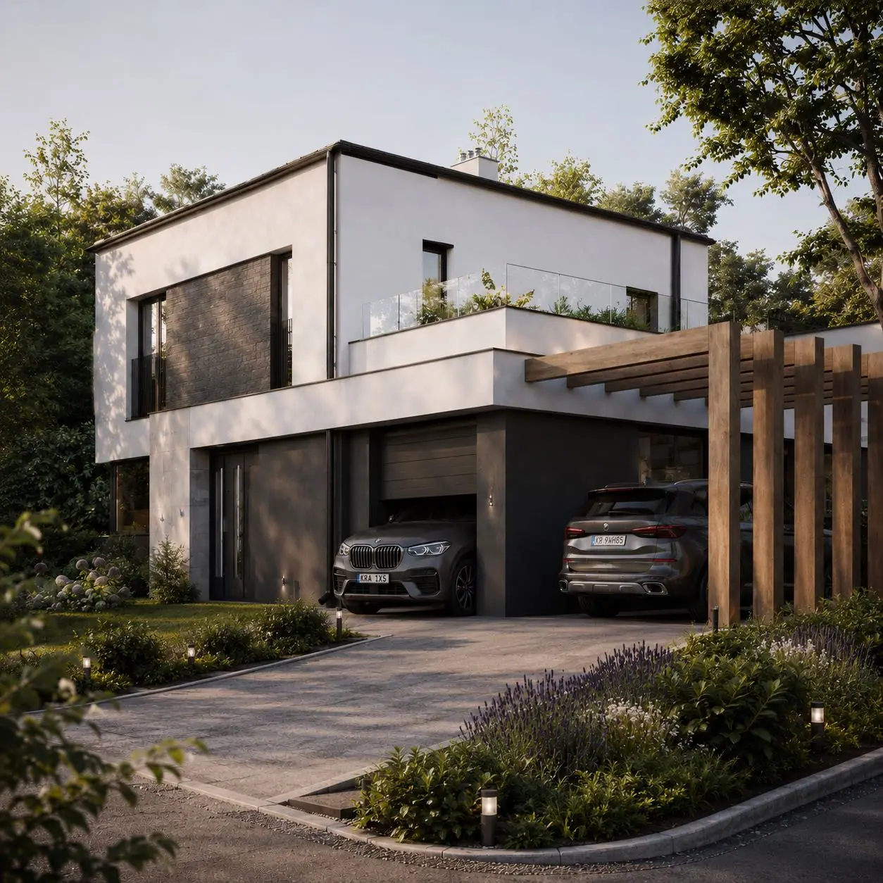 Wizualizacja projektu — carport z drewnianą pergolą i nasadzeniami przy podjeździe